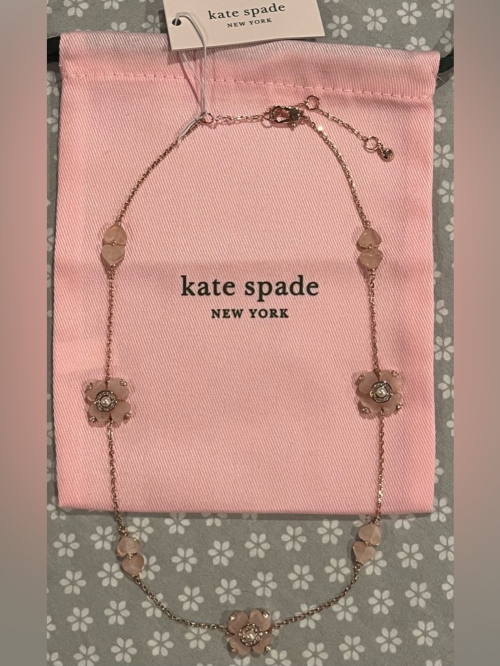 kate spade Rose Gold Chain with Blush Pink Floral Stations Necklace NWT dust bag